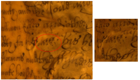 Left: A region of a reconstruction of a page, containing a suspect marking which looks like it might have been introduced by an error in the reconstruction process. Right: One of the original photographs, looking at the same region of the page. We can see that the marking is in fact present on the page.